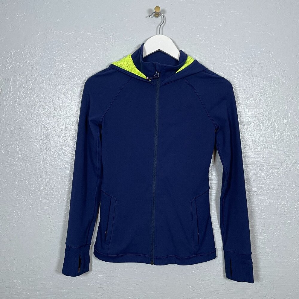Ivivva by Lululemon Girls 12 Navy Blue Green Athletic Jacket Hooded Pockets